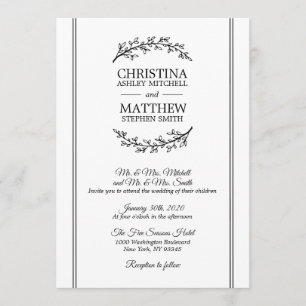 Chic Vintage Black White Laurel Wreath WEDDING Invitation