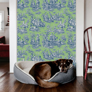 Chic vintage blue green toile de jouy printed wallpaper