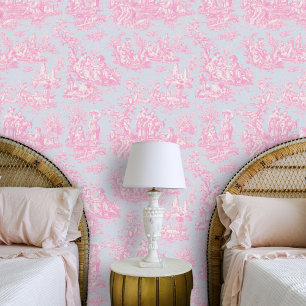 Chic Vintage Blue Pink Toile de Jouy Scenic Wallpaper