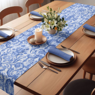 Chic vintage Blue toile de jouy monogram  Short Table Runner
