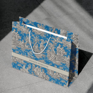 Chic Vintage Blue Turquoise Toile de Jouy Pattern Large Gift Bag