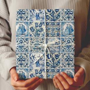 Chic Vintage Blue White Toile De Jouy Dolls Flower Wrapping Paper