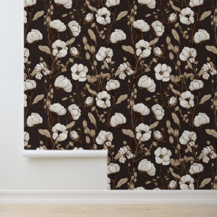 Chic Vintage Brown Pattern Cotton Flowers Wallpaper