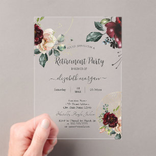 Chic Vintage Burgundy Flowers Retirement Party Acrylic Invitations