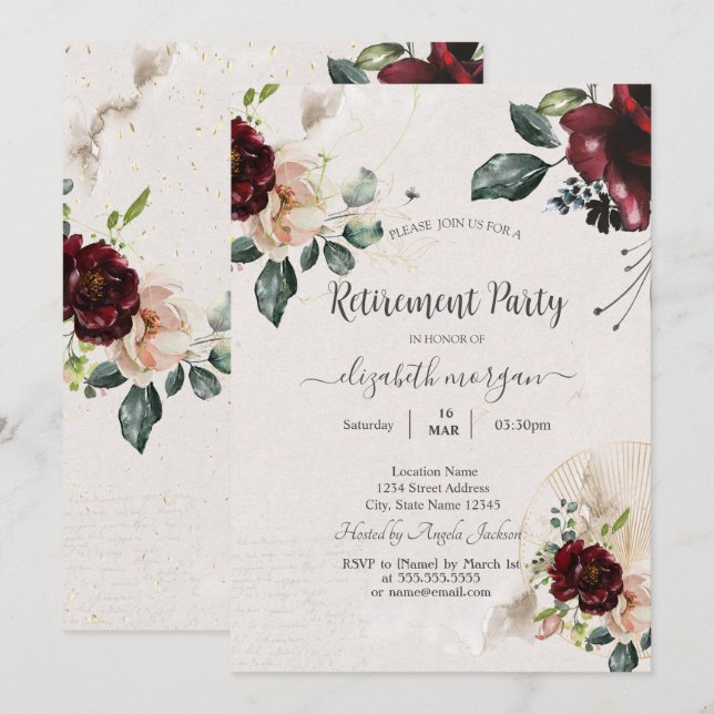 Chic Vintage Burgundy Flowers Retirement Party Invitation (Front/Back)