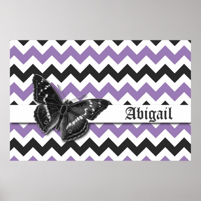 Chic Vintage Butterfly Purple Grey Chevron Pattern Poster (Front)