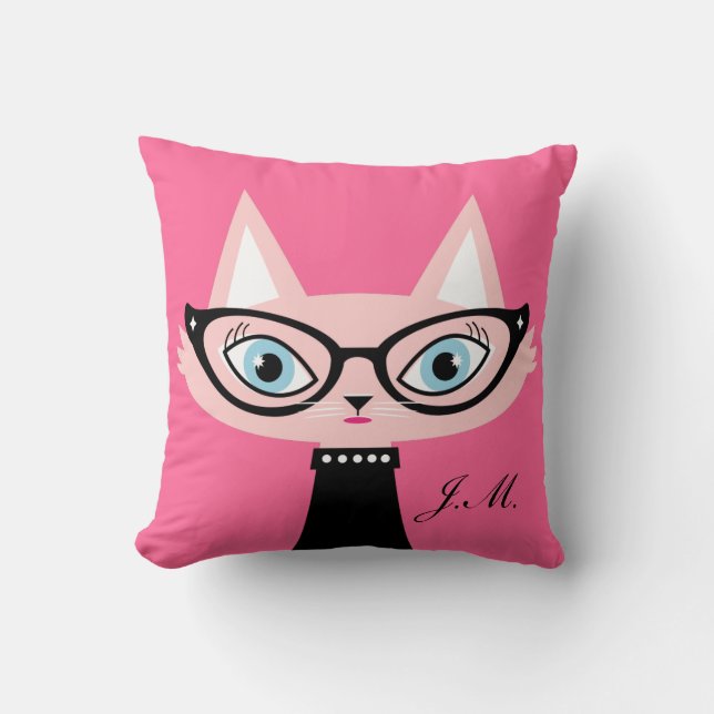 Chic Vintage Cat 2-Sided Throw Pillow - Pink (Front)