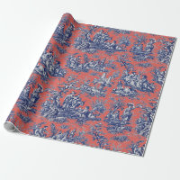 Chic vintage coral red blue toile de jouy printed