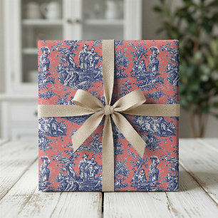 Chic Vintage Coral Red Blue Toile de Jouy Wrapping Paper