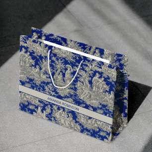 Chic vintage dark blue toile de jouy large gift bag