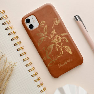 Chic vintage faux gold floral stylish name script iPhone 15 case