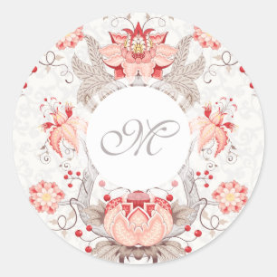 Chic Vintage Floral Pattern damask Monogram Stick Classic Round Sticker