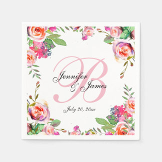 Chic Vintage Floral Pink Monogram Wedding Napkin
