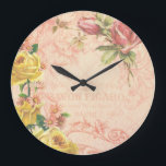 Chic Vintage Floral Wall Clock<br><div class="desc">Romantic and nostalgic design featuring text from French advert,  heirloom roses in yellow and pink,  and engraved flourishes on a softly aged pink trellis background.</div>
