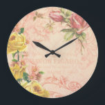 Chic Vintage Floral Wall Clock<br><div class="desc">Romantic and nostalgic design featuring text from French advert,  heirloom roses in yellow and pink,  and engraved flourishes on a softly aged pink trellis background.</div>