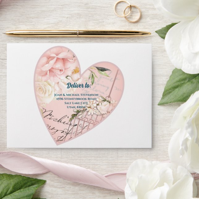 Chic Vintage Flower Heart Wedding Pre-addressed Envelope (Wedding)