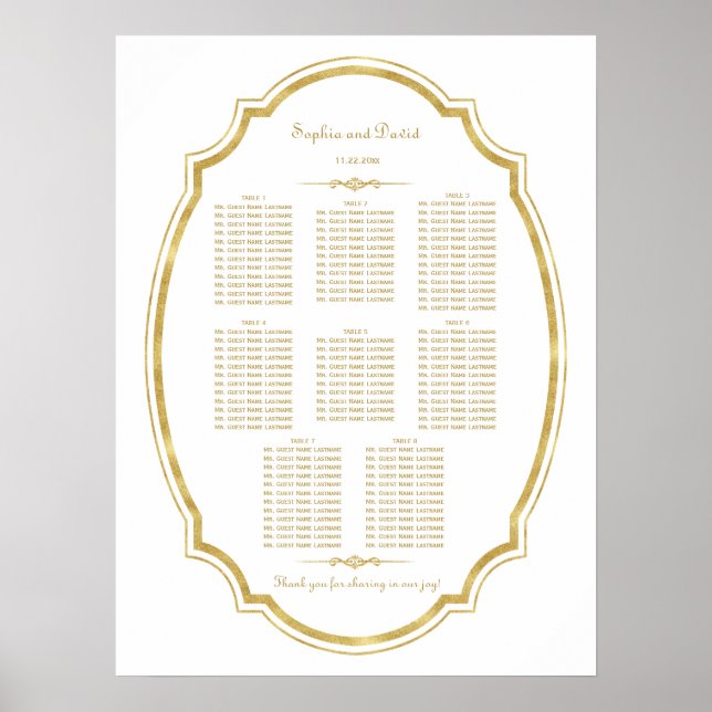 Chic Vintage Gold Foil Frame Wedding Seating Chart (Front)