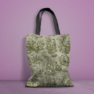 Chic vintage green grey toile de jouy printed tote bag