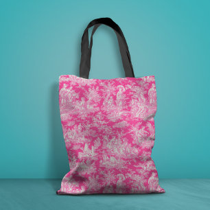 Chic vintage hot pink toile de jouy printed tote bag