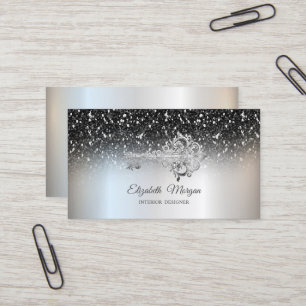Chic Vintage Kay Black Glitter Sequins Silver Business Card