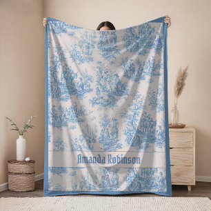 Chic vintage light blue toile de jouy monogram fleece blanket