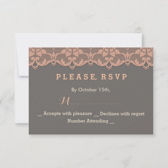 Chic Vintage Peach Grey Lace Wedding RSVP Card (Front)