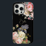 Chic Vintage Personalised Roses & Iris  iPhone 15 Pro Max Case<br><div class="desc">Beautiful,  timeless and elegant sprays of artistic pink and white roses,  peonies and purple bearded iris with delicate foliage. Includes an editable text field for your personalisation and the background colour is customisable.</div>