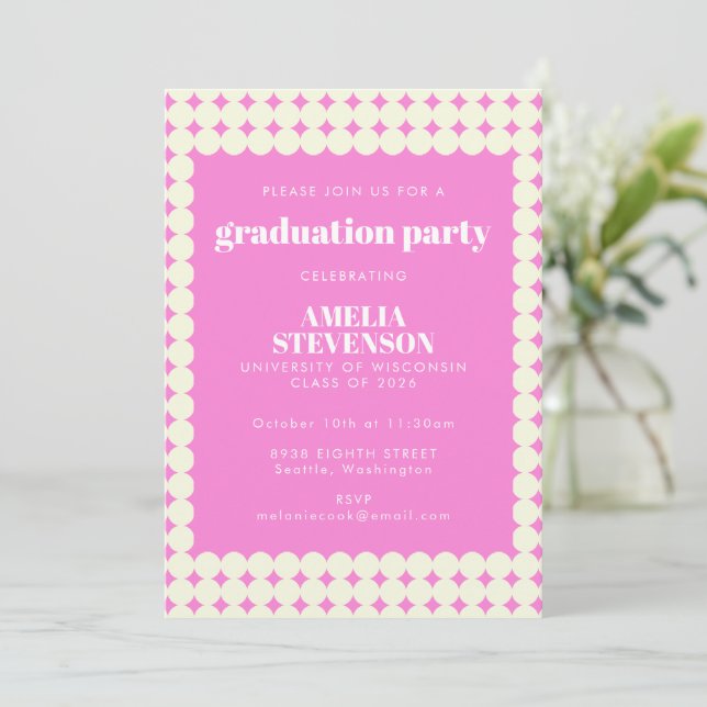 Chic Vintage Pink Geometric Dots Graduation Party Invitation (Standing Front)