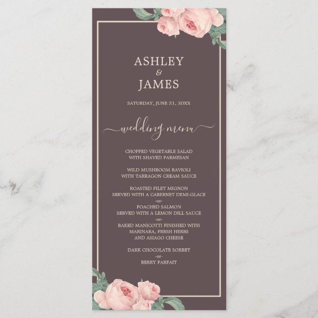 Chic Vintage Pink Rose Burgundy Wedding Menu (Front)