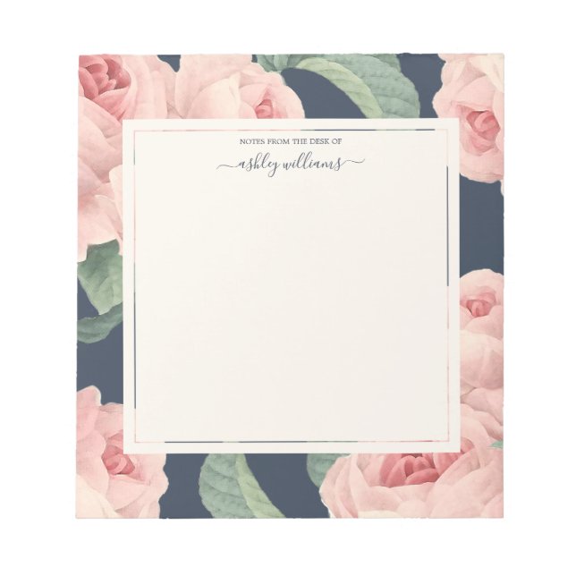 Chic Vintage Pink Rose Dark Blue Personalised Notepad (Front)