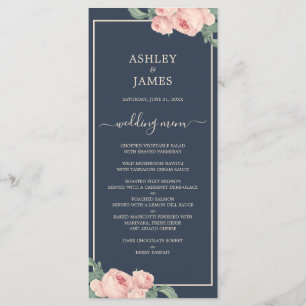 Chic Vintage Pink Rose Dark Blue Wedding Menu