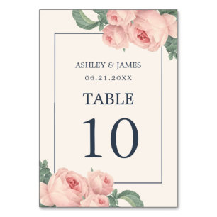 Chic Vintage Pink Rose Off-White Wedding Table Number