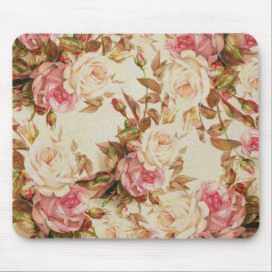 Chic vintage pink white brown roses floral pattern mouse mat