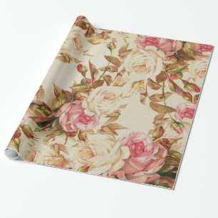 Chic vintage pink white brown roses floral pattern wrapping paper