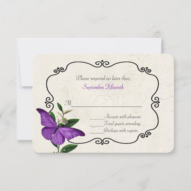 Chic Vintage Purple Butterflies Wedding RSVP Card (Front)