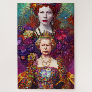 Chic Vintage Queen Elizabeth II Royal Blue and Red Jigsaw Puzzle