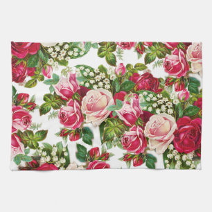 Chic vintage red pink roses flowers pattern tea towel