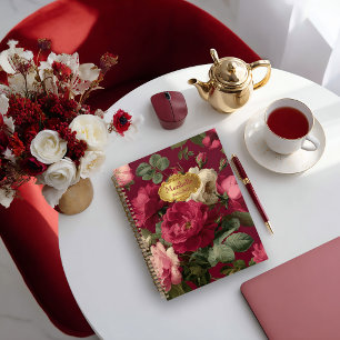 Chic Vintage Rose Red Floral Monogrammed Notebook