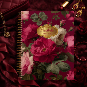 Chic Vintage Rose Red Floral  Monogrammed  Planner