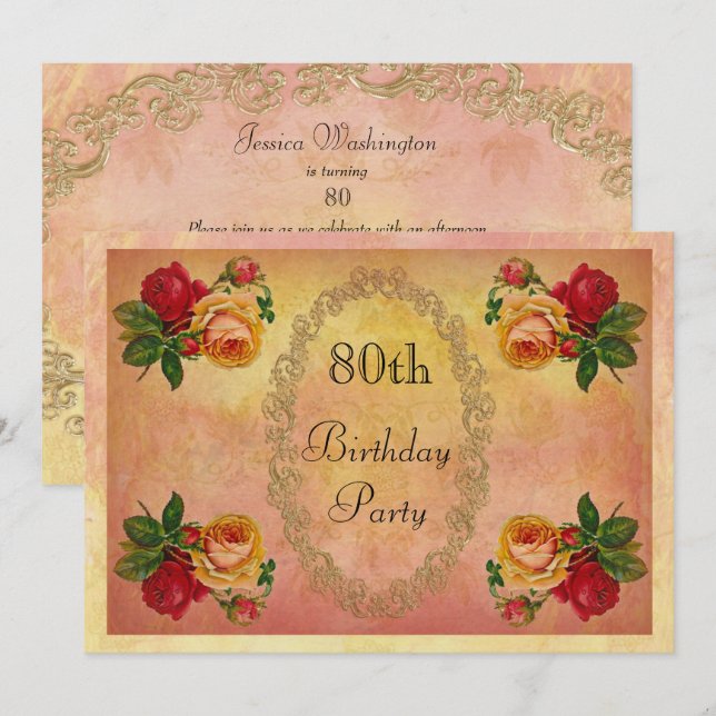 Chic Vintage Roses 80th Birthday Invitation (Front/Back)