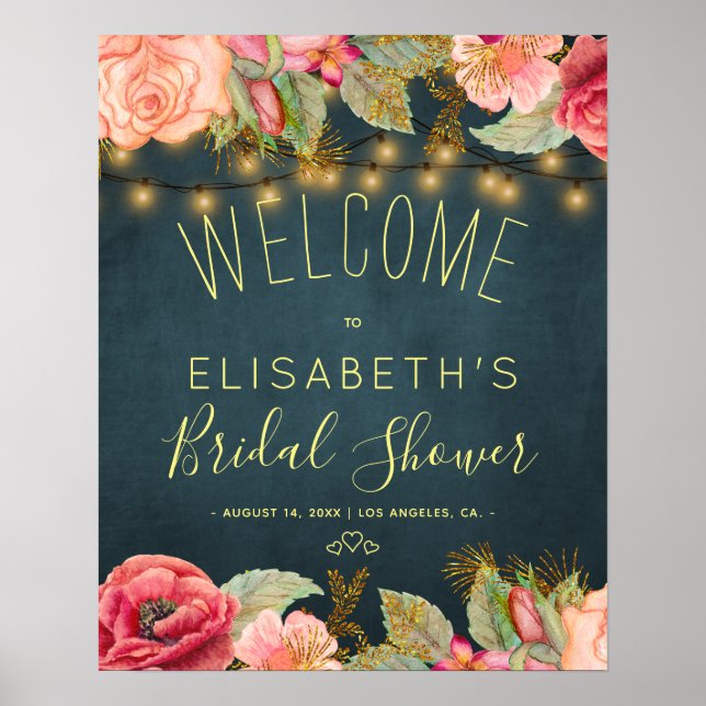 Chic vintage roses navy bridal shower welcome sign (Front)