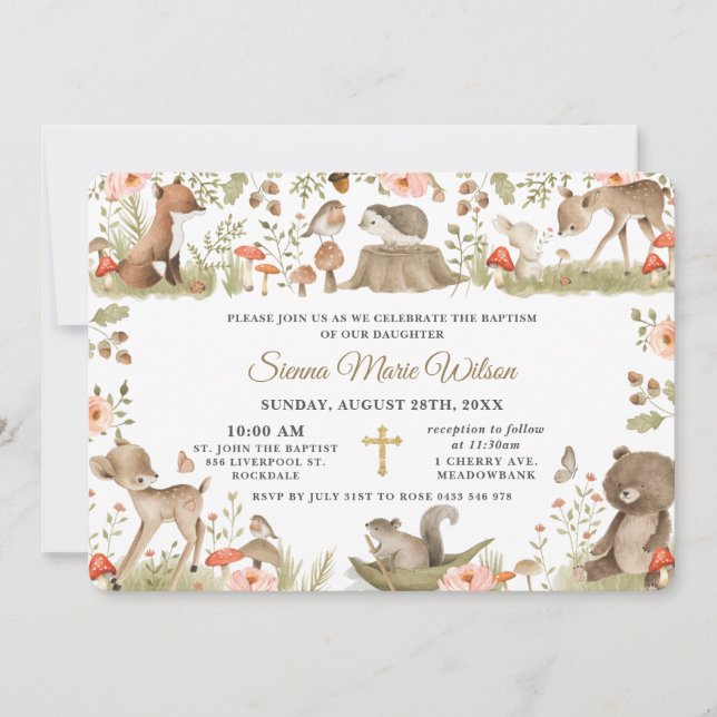 Chic Vintage Woodland Animals Baptism Christening Invitation (Front)