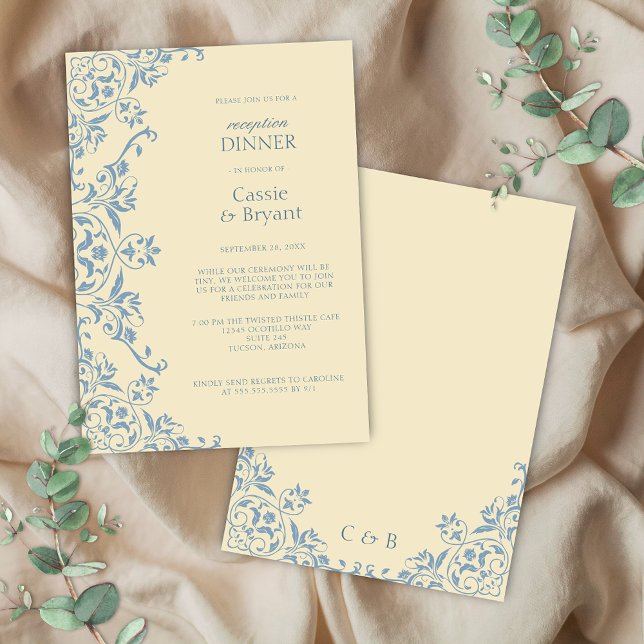 Chic Vintage Yellow Wedding Reception Dinner Invitation (elegant and chic vintage butter yellow wedding reception invitation with blue accents for old money)