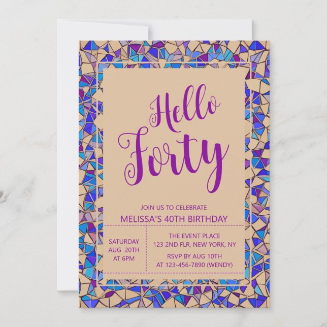 Chic Violet Blue Mosaic Hello Forty 40th Birthday Invitation (Front)