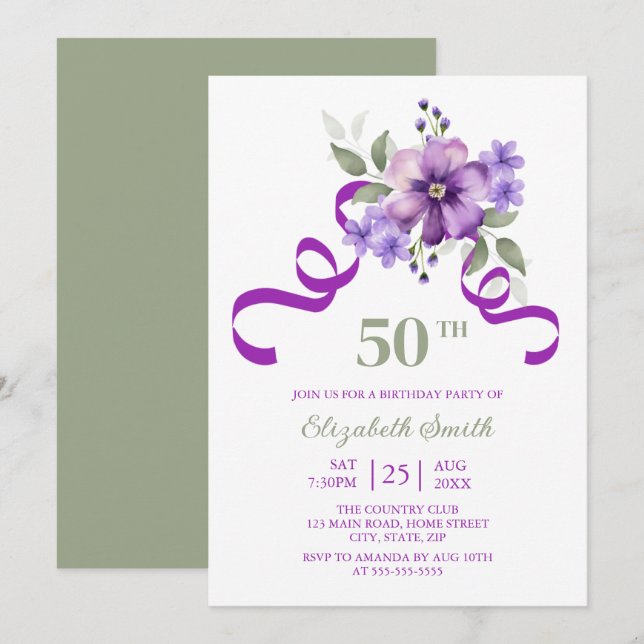 Chic Violet Flower Purple Ribbon Birthday Invitation (Front/Back)