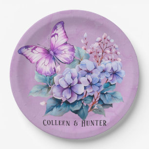 Chic Violet Hydrangea Floral and Butterfly Wedding Paper Plate