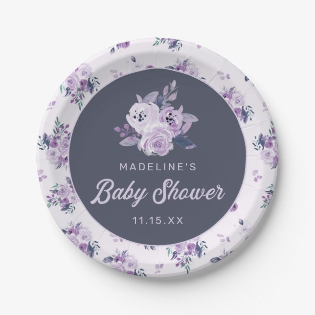 Chic Violet Lavender Purple Floral Baby Shower Paper Plate (Front)
