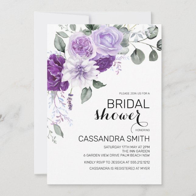 Chic Violet Purple Floral Greenery Bridal Shower  Invitation (Front)