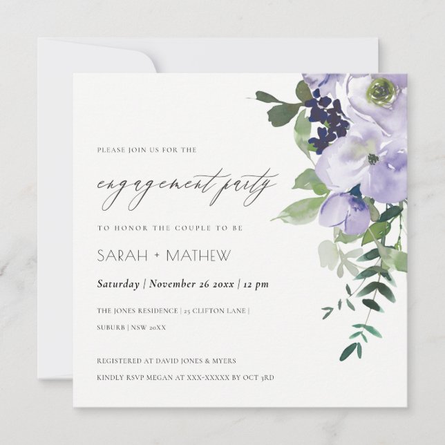 Chic Violet Purple Floral Leafy Engagement Invite (Front)