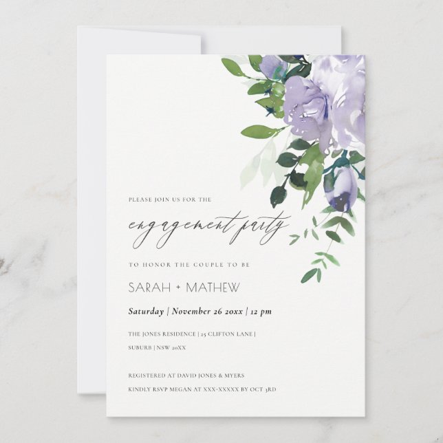 Chic Violet Purple Floral Leafy Engagement Invite (Front)